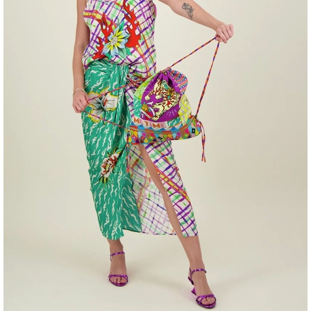 Me369 Luna Artisan Tie Front Skirt Green Floral Plaid Midi Size XS Viscose - Picture 11 of 11